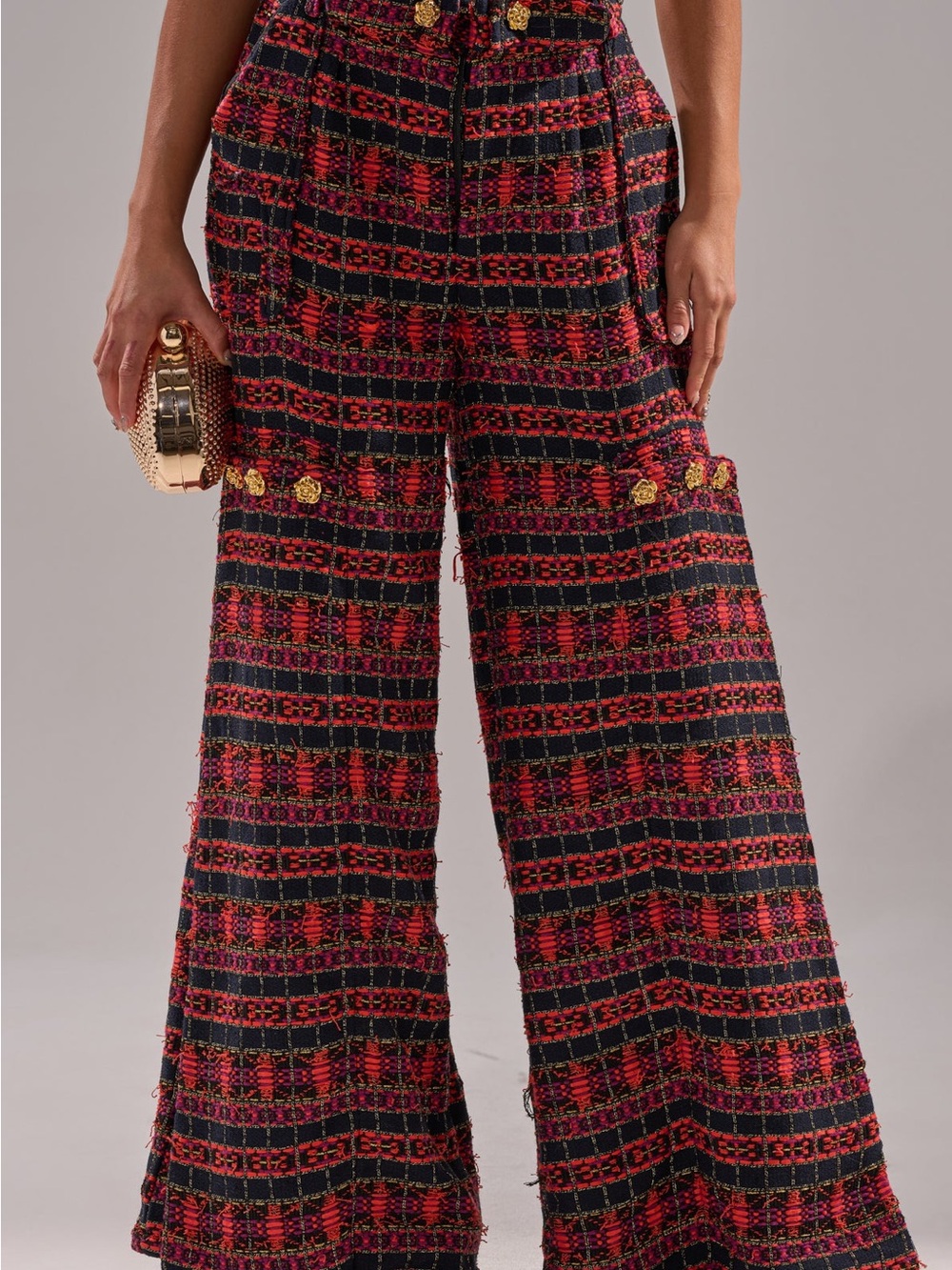 AKIRA Statement Tweed Wide Leg Trousers Boucle Gold Rose Buttons Size L